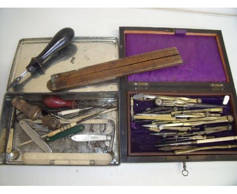 Late Victorian drawing instrument set in mahogany box , a hallmarked silver fruit knife with Mother of Pearl handle and a sma