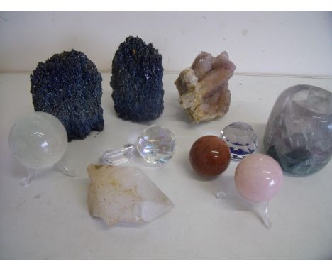 Polished amethyst tea light holder, a polished fluorite sphere, polished rose quartz sphere etc 