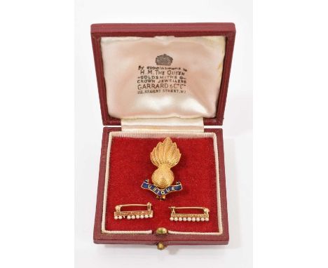 9ct gold and enamel Royal Artillery brooch, hallmarked Birmingham 1958, 30mm, and two gold and seed pearl pins/bar brooches (