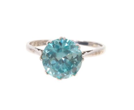 Blue zircon single stone ring with a round mixed-cut blue zircon measuring approximately 9.6mm diameter in claw setting on 18