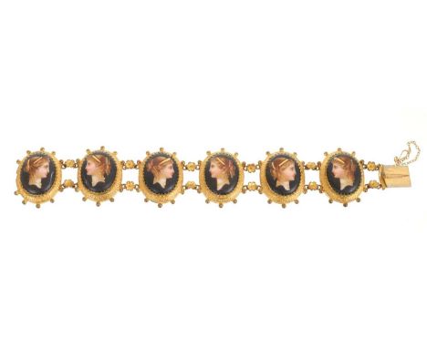 Victorian Etruscan-Revival bracelet with six porcelain and mother of pearl panels in gilt metal mounts, each panel depicting 