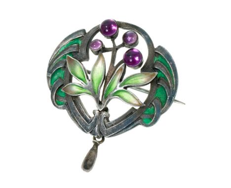 Arts and Crafts/Jugendstil silver amethyst and plique-à-jour enamel brooch with stylised floral design, 35mm x 30mm.Good cond
