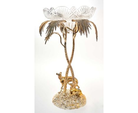 Victorian silver plated centrepiece, in the form of a pair of greyhounds, one sitting and one standing, under two palm trees,
