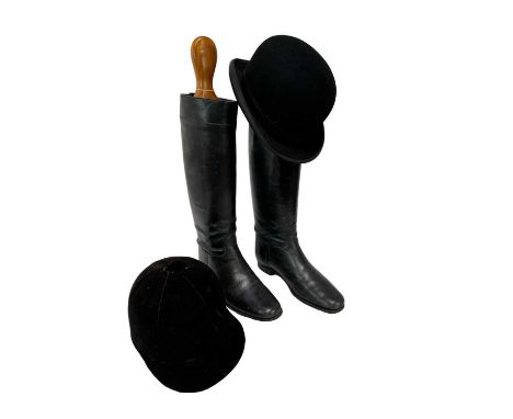 Pair of ladies vintage black leather hunting boots with wooden trees, Lock &amp; Co. bowler hat and a Moss Bros. black velvet