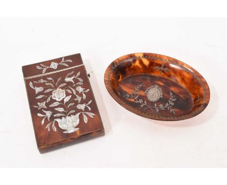 Victorian tortoiseshell and abalone inlaid card case, with push button release, 10cm high and oval silver inlaid pin tray.  A