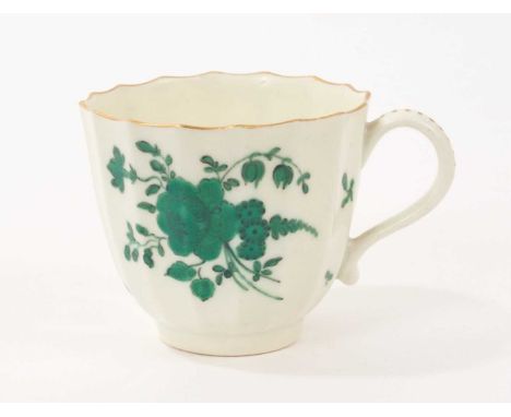 Worcester faceted coffee cup, circa 1770, with scroll handle, painted in green in the London atelier of James Giles with flow