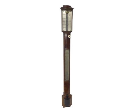 George III mahogany stick barometer by J. Amadio, 6 Shorter's Court, Throgmorten St. City, of bowfront form with silvered gau