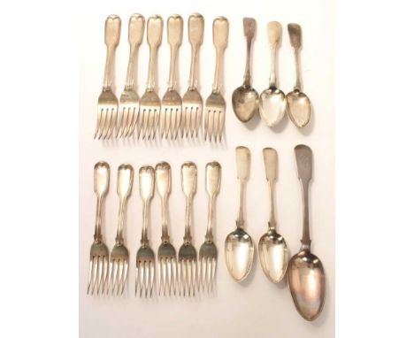 Group of Victorian provincial Fiddle and Thread pattern silver flatware, including six dinner forks with engraved initial C, 