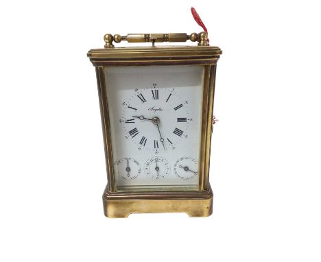 French Angelus carriage clock, striking and quarter repeating on two gongs, subsidiary day, date and alarm dials, repeat butt