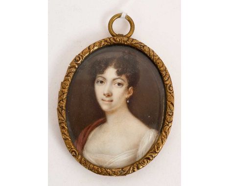 Early 19th century portrait miniature on ivory, depicting a lady in white dress with red sash, oval, 5 x 4cm, in glazed gilt 