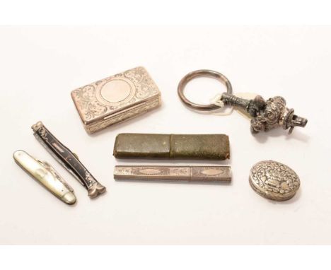 Group of miscellaneous English and Continental silver and white metal, including Victorian rattle, snuff box, pill box, two f