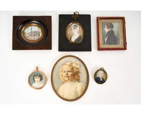 Group of portrait miniatures on ivory, including an oval continental street scene, indistinctly signed and dated 1787, 4 x 5c