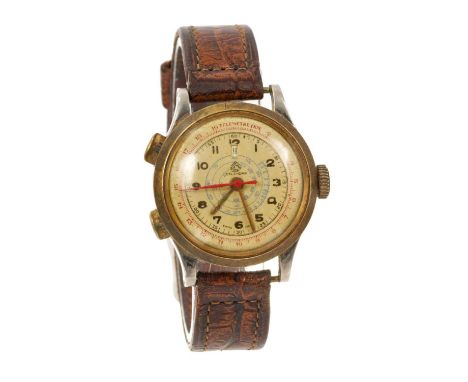 1950s Rocar calendar chronograph wristwatch with circular dial and date aperture, in circular brass case, 34mm diameter, on l