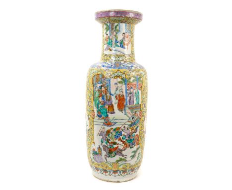 Large 19th century Chinese famille jaune porcelain rouleau vase, decorated with panels containing figural scenes and precious