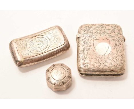 George III silver vinaigrette of octagonal form with bright cut decoration, a late 18th century snuff box and a Victorian sil