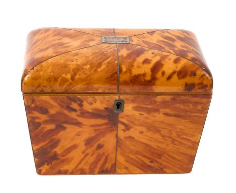 George III tortoiseshell tea caddy, of tapered cushion, with twin lidded compartments, 18cm