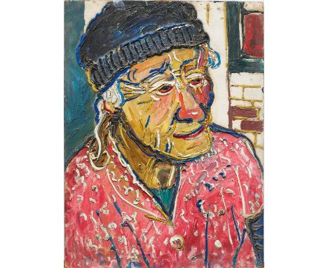 *Fred Yates (1922-2008) oil on board - Portrait of an Old Lady in a Woolly Hat, 61cm x 45.5cm, unframed