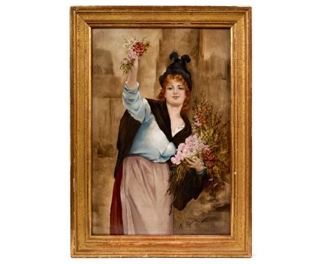 19th century painted porcelain plaque of a flower seller, signed M. Seguin-Sorbé, 30cm x 20cm