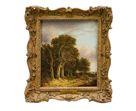 Obadiah Short (1803-1886) oil on panel - Figures in a Wooded Lane, 25.5cm x 21.5cm, in gilt frameBasically ready to hang, a f