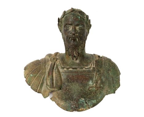 Interesting Grand Tour or earlier bronze bust of a Roman Emperor, possibly Severus, 21cm high x 21cm wideProvance: An email f