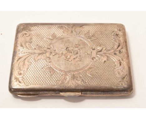 Edwardian silver card case of rectangular form, with engine turned and engraved decoration, crocodile leather interior and se