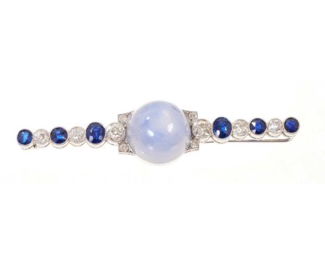 Edwardian star sapphire and diamond bar brooch, the central cabochon star sapphire measuring approximately 18.3mm diameter x 