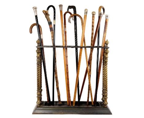 Good quality Victorian brass and steel stick stand, in the Aesthetic style, with removable drip tray, with kite registration 