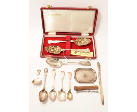 Group of miscellaneous silver and silver plate, including Royal Artillery ashtray, various spoons, Georgian caddy spoon, case