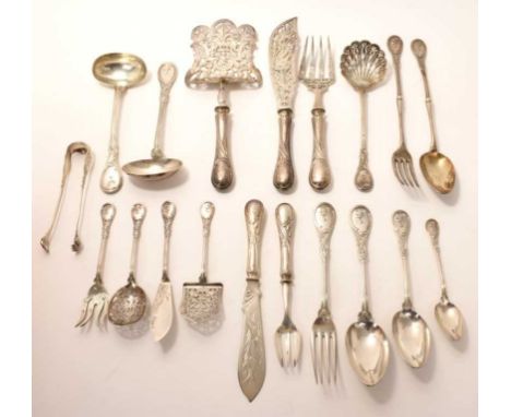 Extensive, mid 19th century French silver cutlery service, in an unusual Louis XV style rococo pattern by Veyrat, with engrav