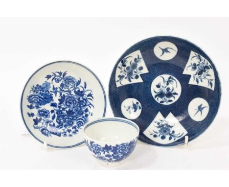 Worcester toy tea bowl and saucer, circa 1780, printed in blue with the Fence pattern, and a Worcester powder blue saucer (3)