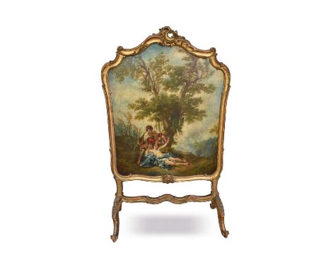 18th century style gilt and painted rococo firescreen, with Boucher style cartouche shaped panel and inscribed poem to rear, 