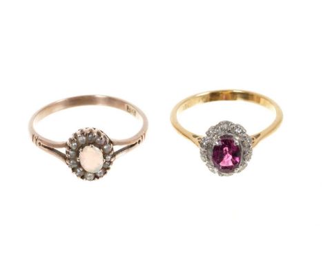Ruby and diamond cluster ring in platinum setting on 18ct gold shank, ring size I½ and an Edwardian opal and seed pearl clust