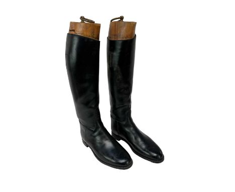 Pair of good quality black leather hunting boots with wooden trees, believed size 9.5