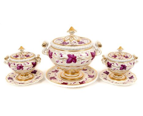 A good set of Worcester Flight, Barr & Barr tureens and stands, circa 1810, decorated in puce and gilt with vine leaves, prin