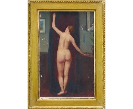 Attributed to Hubert von Herkomer (1849-1914), oil on canvas - Standing Female Nude, 34cm x 22cm, in gilt frame Provenance: S