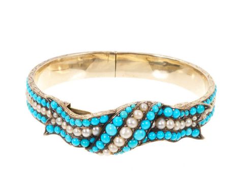 Victorian turquoise and pearl hinged bangle, the stylised ribbon bow with rows of pearls and turquoise cabochons, the double 