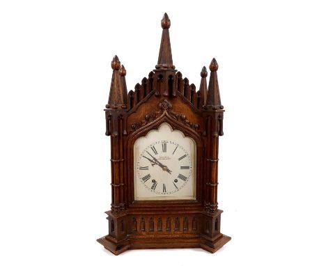 Impressive Victorian Gothic oak bracket clock retailed by G.W.S. Lackie, 92 Strand, London with silvered dial, German movemen