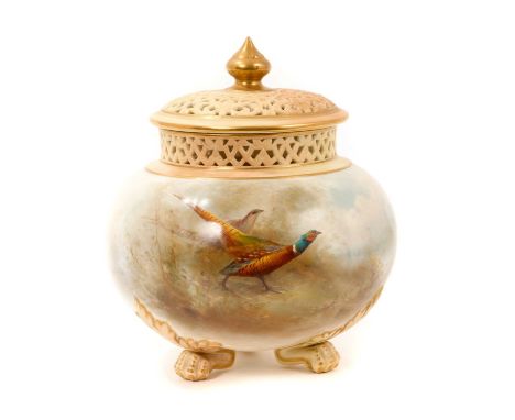 Worcester blush ivory pot pourri, painted by James Stinton with a pair of pheasants, printed mark, 19cm highIn good condition