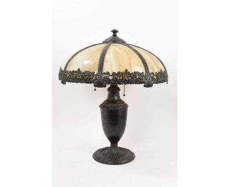 Early 20th century Art Nouveau Tiffany style table lamp with marbled glass inserts to shade and vase-shaped pedestal, total h