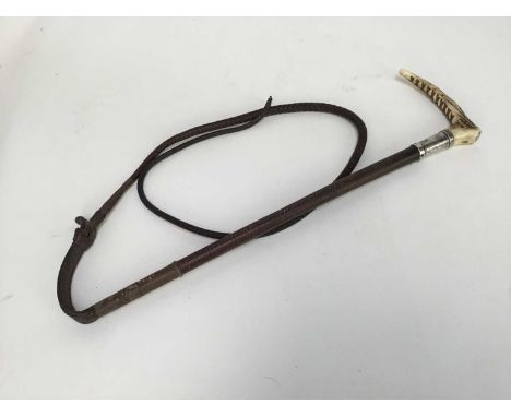 Swaine silver mounted hunting whip with horn handle and plaited leather shaft, together with another Swaine &amp; Adeney bamb
