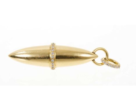 18ct bullet shape pendant with a band of brilliant cut diamonds suspended from a diamond set loop, 53mm.Tests as approximatel