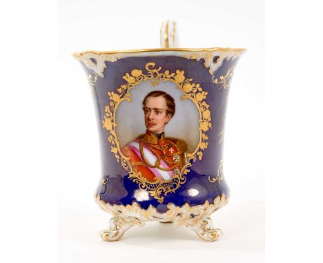 Meissen cabinet cup, circa 1890, finely painted with a portrait, probably of Kaiser Wilhelm II, on a gilt and cobalt blue gro