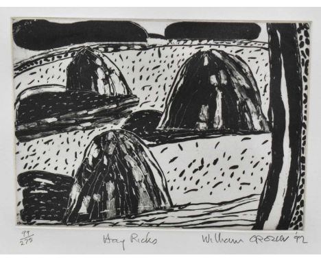 *William Crozier (1930-2011) etching, Hay Ricks, signed and dated '92, numbered 99/275, 16 x 21cm, glazed frameGood original 