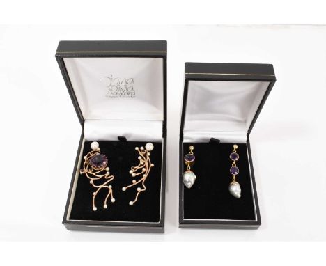 Two pairs of contemporary hand made 9ct gold amethyst and cultured pendant earrings of asymmetric design by Diana Olivia Mayn