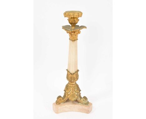 19th century alabaster and gilt metal mounted candlestick, in the Etruscan style, 31cm high