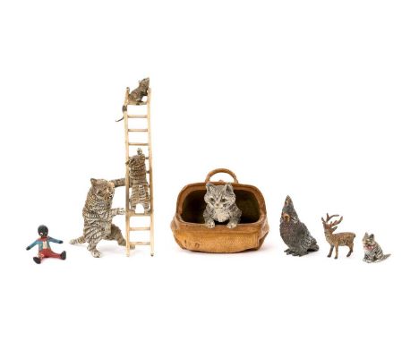 Group of antique Austrian cold painted miniature bronzes, including cats chasing a mouse up a ladder, 9cm high, a cat in a ha