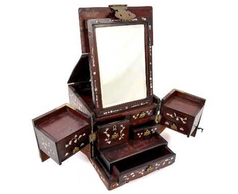 19th century Chinese rosewood mother of pearl inlaid dressing table box, folding to reveal hinged mirror and an arrangement o
