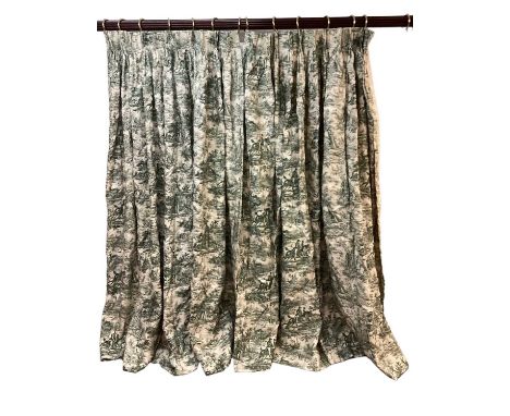 One pair of Pierre Frey green and cream cotton Toile de Jouy curtains with stag hunting pattern with pinch pleat headings, li