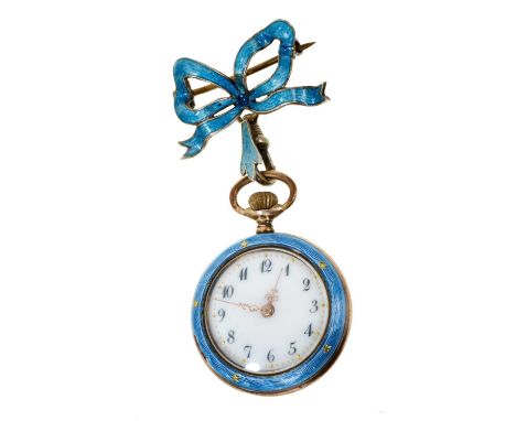 Edwardian silver and enamelled fob watch, the button-wind Swiss movement in silver gilt blue guilloché case, suspended from a