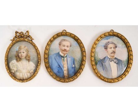 Nellie M Hepburn Evans (late 19th / early 20th) watercolour portrait miniature on ivory, depicting a young girl in white dres